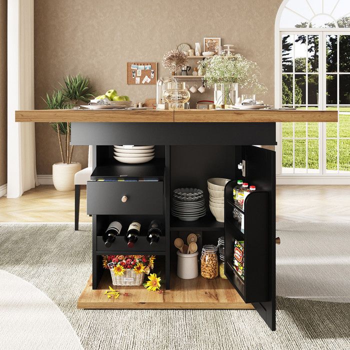Table à manger extensible en bois table de cuisine table télescopique avec rangement tiroirs 110-140×80×75cm (noir)