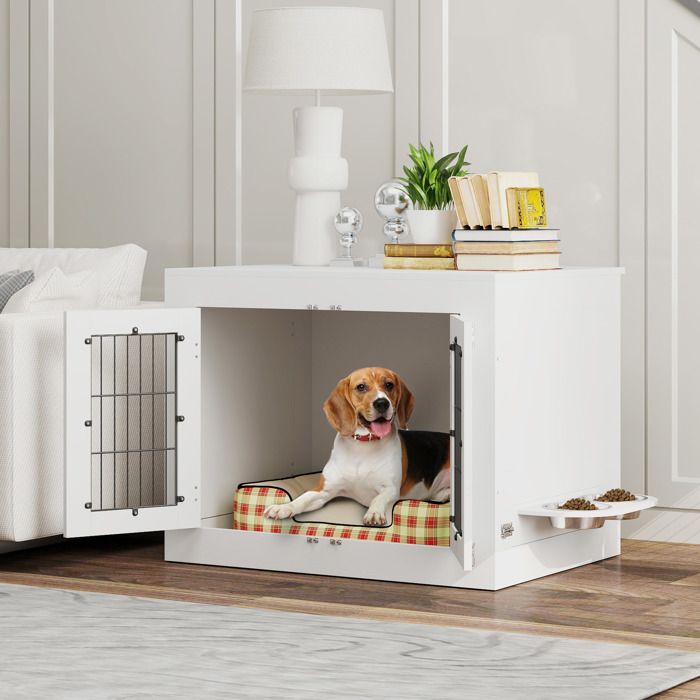 Meilleurs prix pour Cage pour chien intérieur caisse pour chien en bois 2 bols rotatifs à 360° 2 portes chien moyenne 80 x 60 x 63 cm blanc