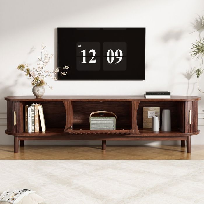 Meuble TV - SOGEU - Lowboard 165 x 39 5 x 46 cm - Portes coulissantes + rabat - Aspect bois marron - Support 65 pouces