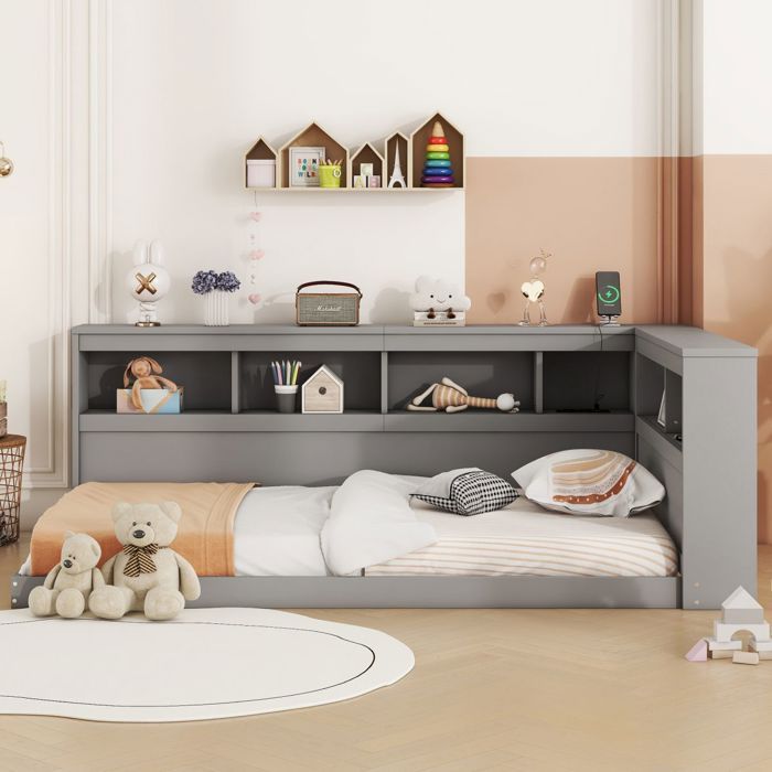 Banquette-Lit Simple 90x200cm-Prises et 2 Ports USB Intégrés-Sommier à Lattes Renforcé-Aggloméré Gris sans Matelas
