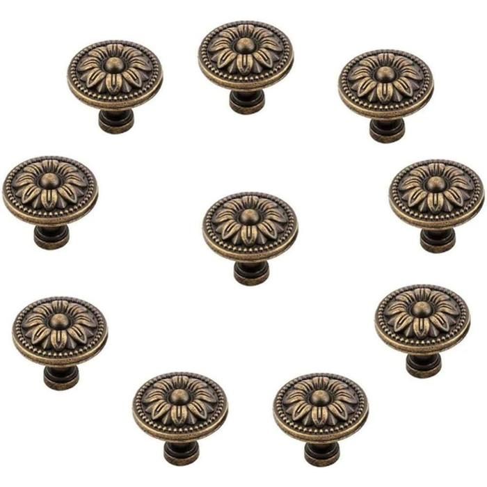 Lot de 10 boutons de tiroir vintage en métal en forme de fleur couleur bronze