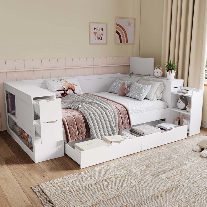 Lit coffre - 140 x 200 - Sommier à lattes inclus - 2 places - Rangement extra-large - Blanc