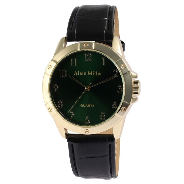 Montre homme - Alain Miller - Similicuir noir - Boîtier acier doré - Cadran vert verre minéral