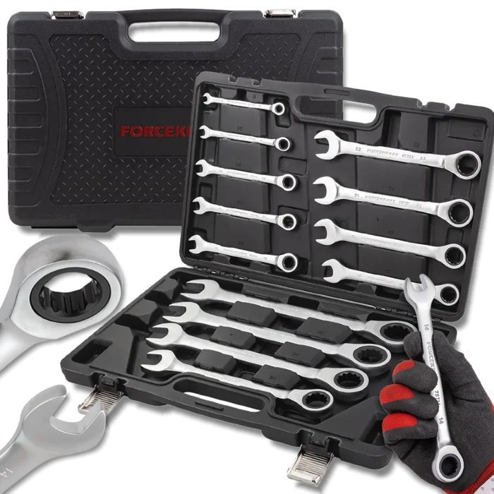 Ensemble de clés plates à œil avec cliquet - FORCEKRAFT - 13 pièces (8-32 mm) - Acier Cr-V - Cliquet intégré