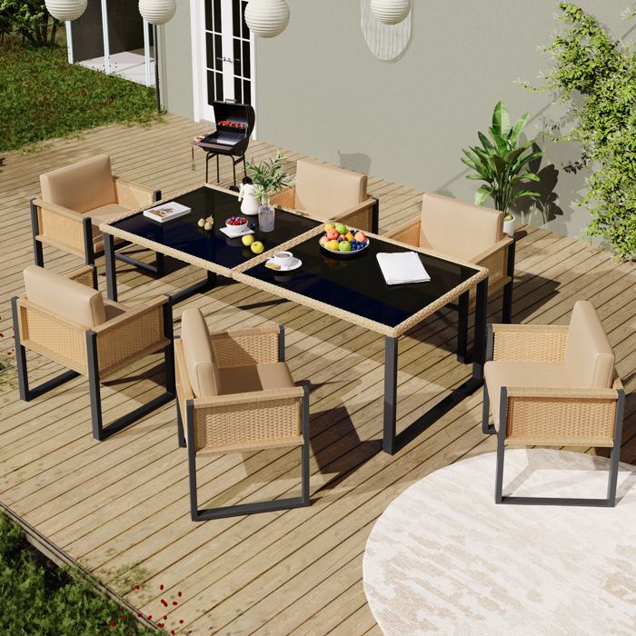 Ensemble table et 6 chaises de jardin avec plateau en verre trempé pieds réglables FloraGrace