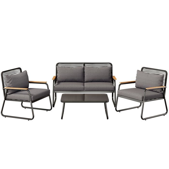 Salon de jardinCanapé dAngle 4 placesAvec Table basse verre trempé et Coussin amovibleMobilier jardinNoir