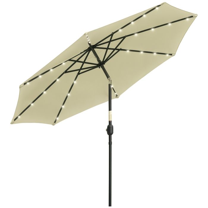Parasol de jardin extérieur - Outsunny - rond lumières led solaires manivelle inclinable 8 baleines - Ø 265 x 233 cm - beige