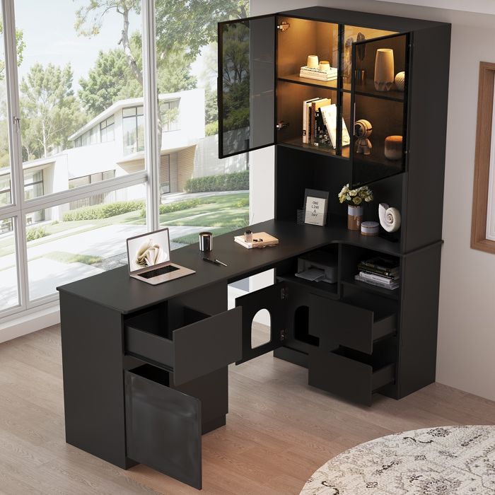 Bureau dangle multifonction - Dimensions 120×80×180 cm - Étagère intégrée - Armoire vitrine LED 7 couleurs