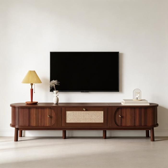 Meuble TV - 170 cm - Portes et tiroirs en rotin tressé - Panneau de particules aspect bambou - Style scandinave
