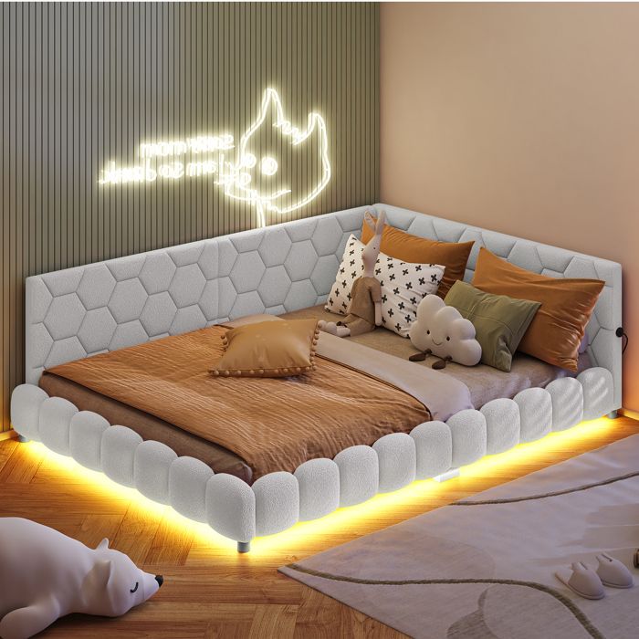 Lit Banquette 140x200 cm Multifonctionnel avec LED et USB Lit Double Canapé-Lit avec Sommier à Lattes Design Moderne Blanc