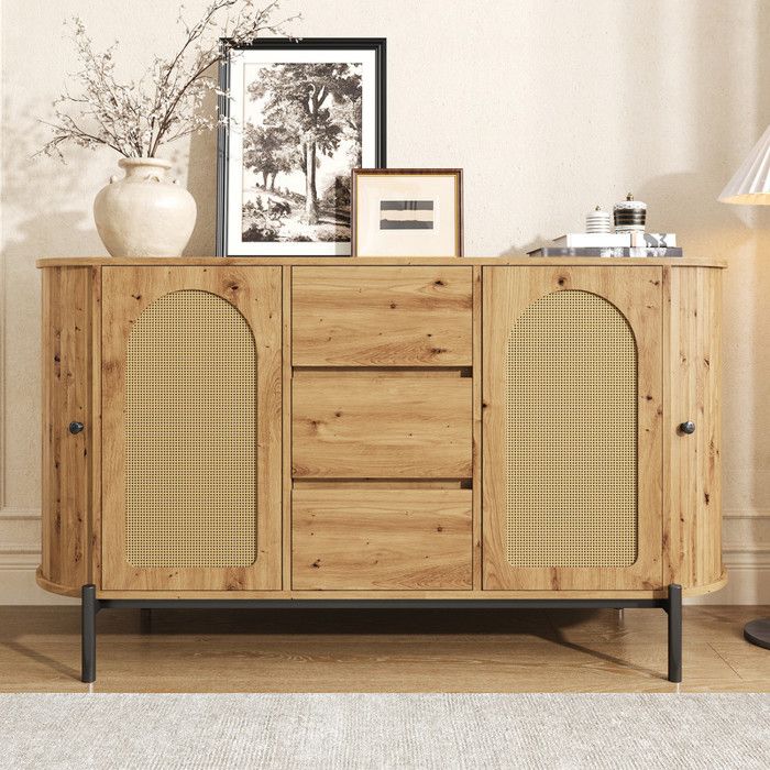 Buffet en rotin avec 2 portes coulissantes 3 tiroirs et étagères réglables Buffet bas de salon 140x38x77.5cm Meuble de rangement