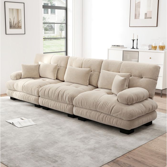 Canapé d’angle modulaire 3 places en chenille café clair à assise profonde