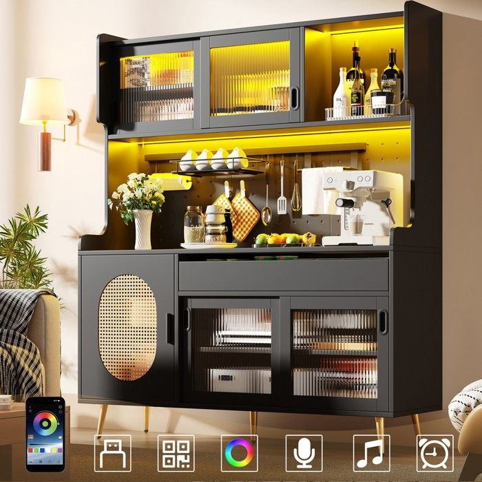 Armoire de rangement buffet 145x39x171 cm style campagne 5 portes vitres cannelées LED planche de verrouillage noir