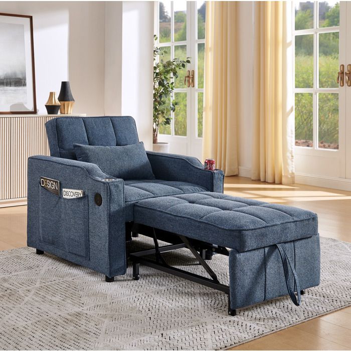 Fauteuil-lit 3-en-1 EVRYAE 190 cm avec USB USB-C porte-gobelet dossier 3 positions tissu bleu marine