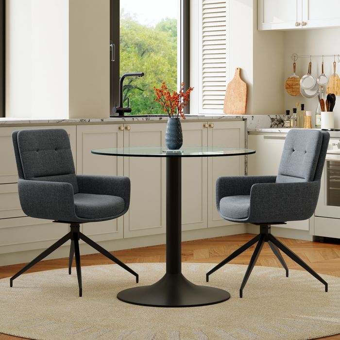 Table à manger ronde en verre - Verre trempé 08 cm - Structure métal noir - Chaises pivotantes 360° - Tissu gris foncé