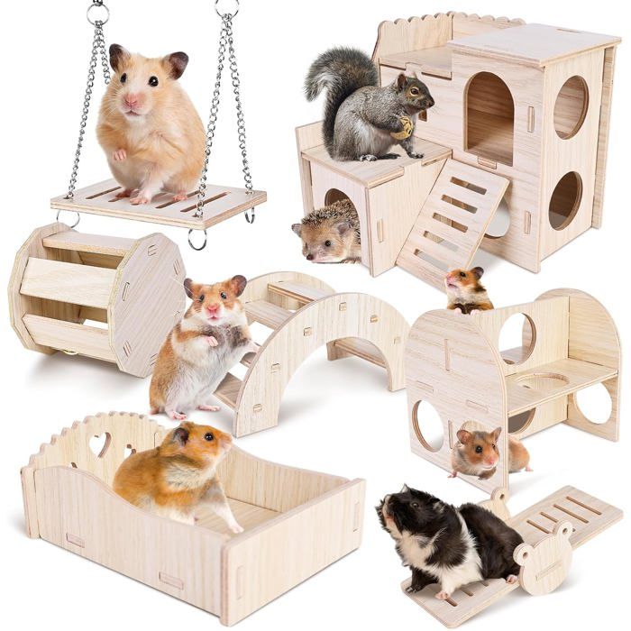 7 Pièces Accessoire Hamster Maison en Bois Jouet à Mâcher Pont Balançoire pour Petit Animal .