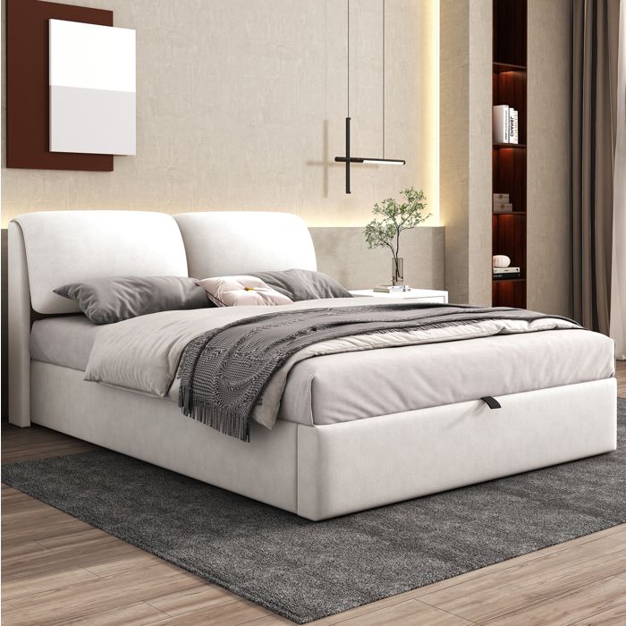 ULEVR Lit coffre 140 x 200 cm en velours beige lit hydraulique avec 3 tiroirs sommier à lattes tête de lit sans matelas