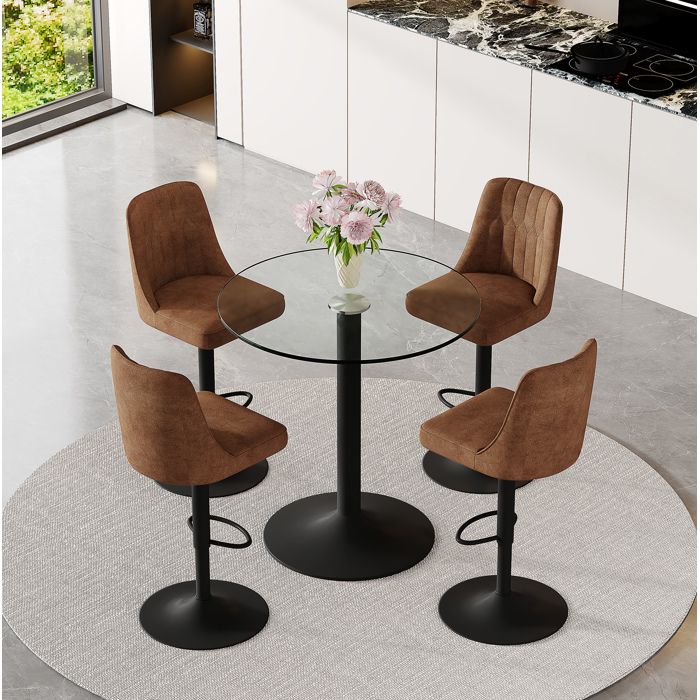 Set de Bar Table Haute Ronde 89 cm avec 4 Tabourets Pivotants 360° Réglables - YEAVIO - Verre Métal Noir