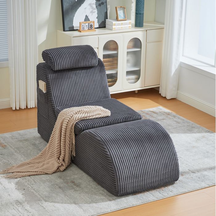 Fauteuil de relaxation ergonomique avec appui-tête réglable poche latérale coussin amovible corduroy gris foncé - UVRION