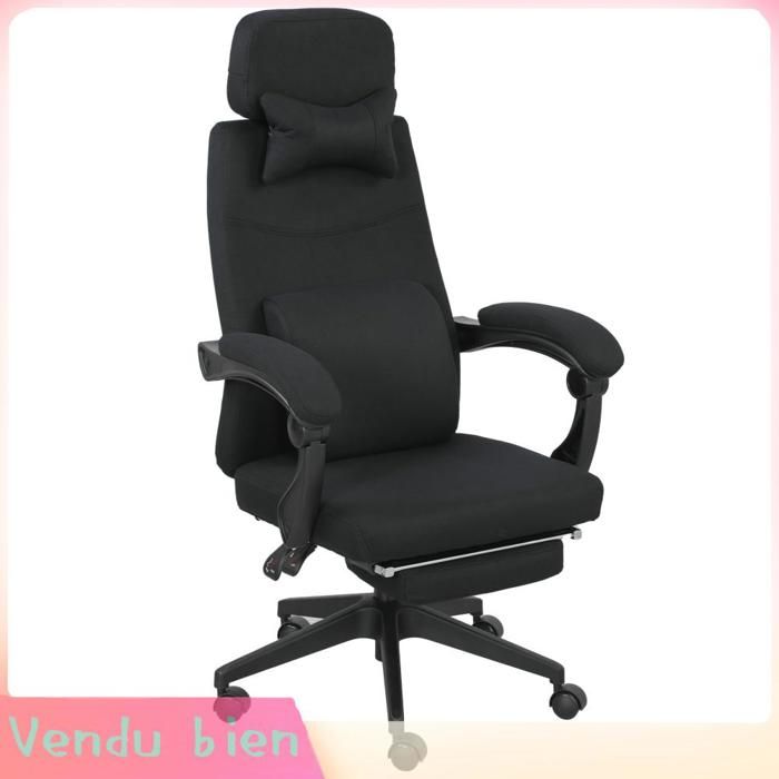 LIA Fauteuil bureau grand confort dossier réglable repose-pied roulettes 360° lin 62x68x127 cm noir