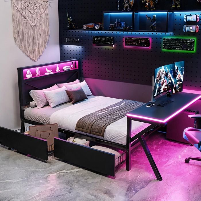 Lit plateforme gamer 140x200 cm avec LED bureau intégré et rangements métal noir