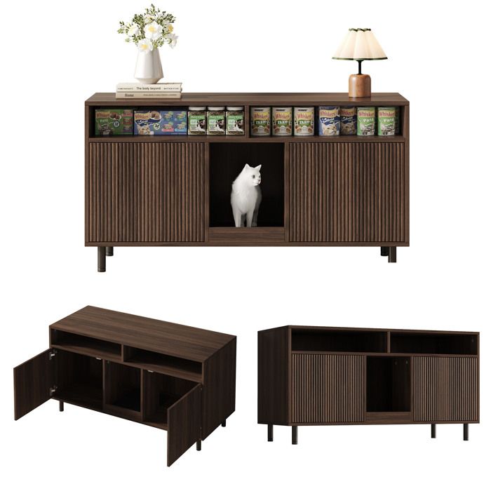 Meuble litière chat 120x50x66 cm couleur noyer avec tapis anti-sable armoire avec étagère usage TV/buffet sans bac