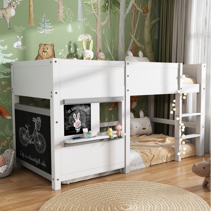 Lit Mezzanine Enfant 90 x 200 cm Blanc En Pin Massif Avec Panneaux Ardoise Étagère Frontale Et Échelle 3 Marches Style Scandinave