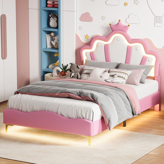 Lit enfant capitonné 140x190 cm avec LED lit pour filles tête réglable couronne princesse sommier à lattes Blanc + Rose.