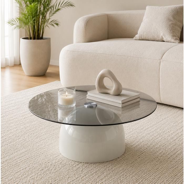 DESVIAE Table basse ronde en verre trempé Ø 70 cm base en acier au carbone laqué gris hauteur 30 cm