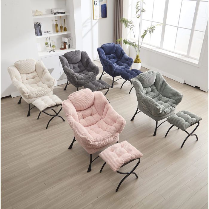 Fauteuil avec Pouf 1 Place Accoudoirs Poche Latérale et Dossier Ergonomique Flanelle Bleu Marine - UVRION