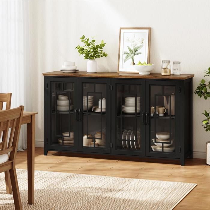 Modenuit buffet de cuisine 160 x 40 x 86 cm avec 4 portes vitrees plan de travail aspect bois noir
