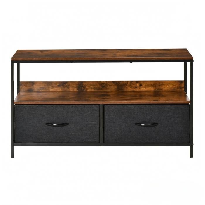 ELVORIN Meuble TV industriel 98 x 29 x 56 cm 2 tiroirs pliants étagère ouverte métal MDF lin polyester noir gris brun