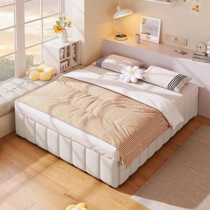 Lit coffre 140x200 cm beige en lin rangement hydraulique sommier à lattes design bas moderne sans tête de lit ni matelas