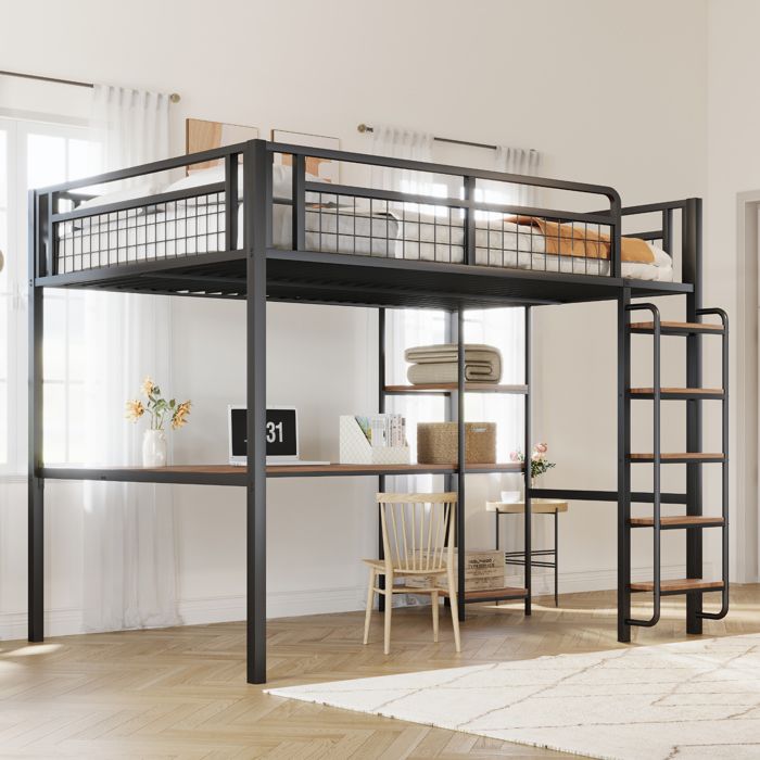 Lit mezzanine métal 140x200 cm noir avec échelle de sécurité table étagère pour enfant adulte