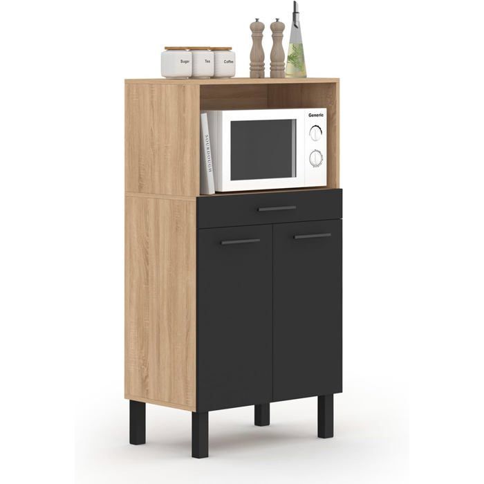 IDMarket Buffet de Cuisine CINA 60 cm 1 tiroir et 2 portes façon hêtre et noir pour micro-onde