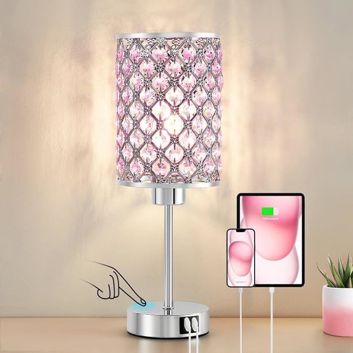 Lampe de Table Cristal avec Ports USB C/A Lampe de Chevet Tactile 3 Niveaux Lumière Abat Jour Cristallin pour Rose