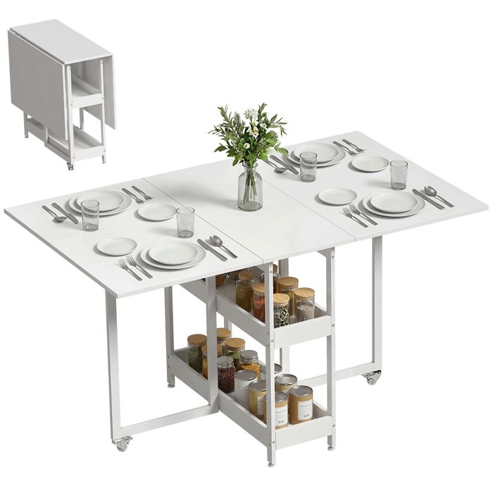 Table à manger pliante - Table de repas à 2 rabats - 4 personnes - 2 étagères ouvertes - 133 4 x 80 x 75 cm - Blanc - ZENLINKJH