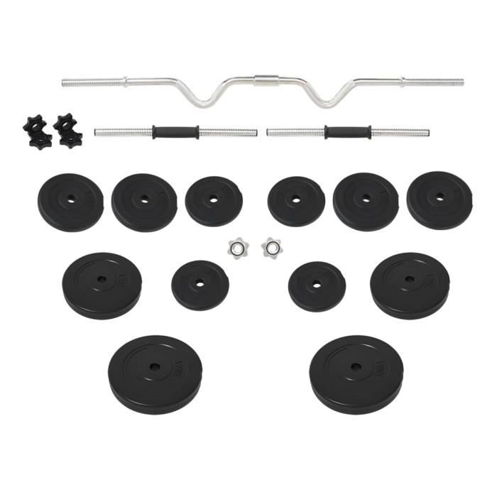 Ensemble D'haltères Courtes Total 36 Kg - Barres Incluses Entrainement Musculaire Halterophilie Acier Hdpe Noir