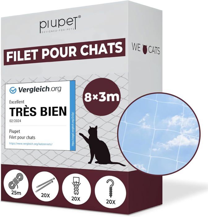 PiuPet Filet de Protection Chat I 8x3m I Filet Transparent I avec Corde de Fixation I Filet de sécurité | Filet Chat Balcon