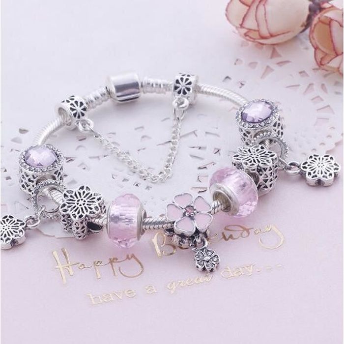 21cm Charms Bracelet Femme Pandora Style bijoux Femme Fleur rose