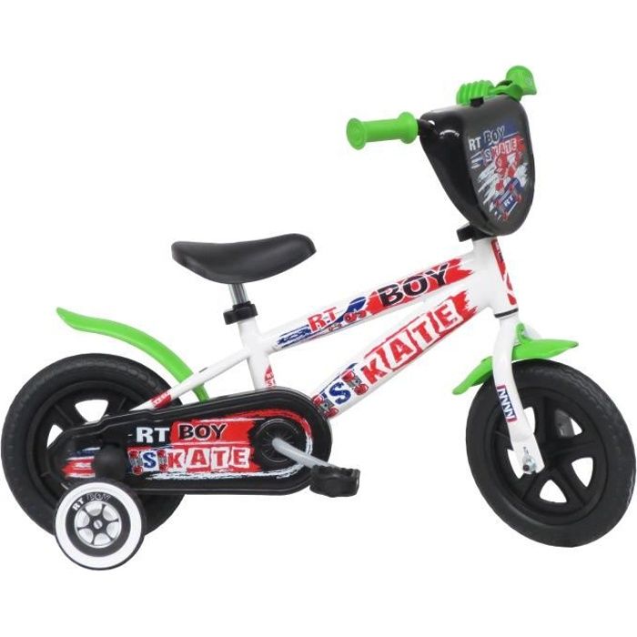 Vélo 10'' enfant Skate avec plaque avant décorative, garde boue, carter, roues bâtons & 2 stabilisateurs
