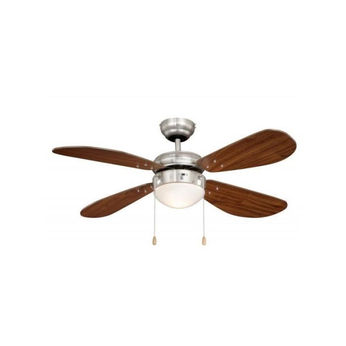 Ventilateur de plafond 105 cm acier nickelé classique avec lampe pales noyer silencieux
