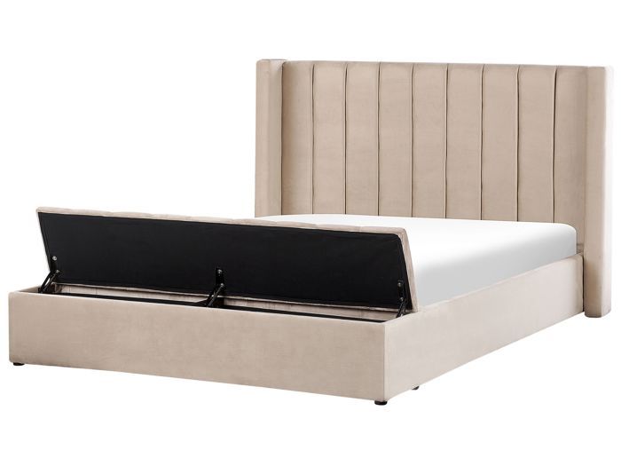 Lit double en velours beige avec banc coffre 180 x 200 cm NOYERS Lit double en velours beige avec banc coffre 180 x 200 cm NOYERS