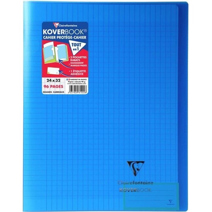CLAIREFONTAINE Koverbook Cahier piqure 96 pages avec rabats - 240 x 320 mm - Seyes papier PEFC 90 g - Bleu
