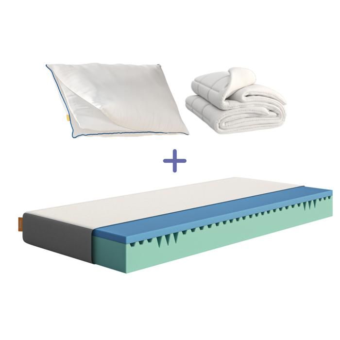 Emma | Pack Confort 80x200 | Matelas Mousse HRX® Sommeil Réparateur| Housse Thermorégulatrice | Oreiller + Couette Nuage Respirants