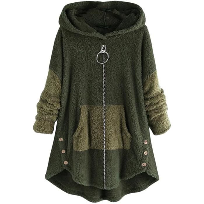 Sweat à Capuche Femme Pull Polaire Chaude Grande Taille Long Hoodie  Sweatshirt Veste Hiver Sweat-Shirt Jacket Ample-vert