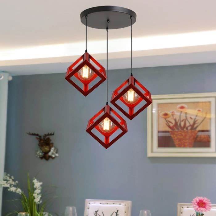 Industriel Rétro Lustre en Disque en Métal Cage Carré Plafonnier Luminaire pour Cuisine Salon Balcon - Rouge