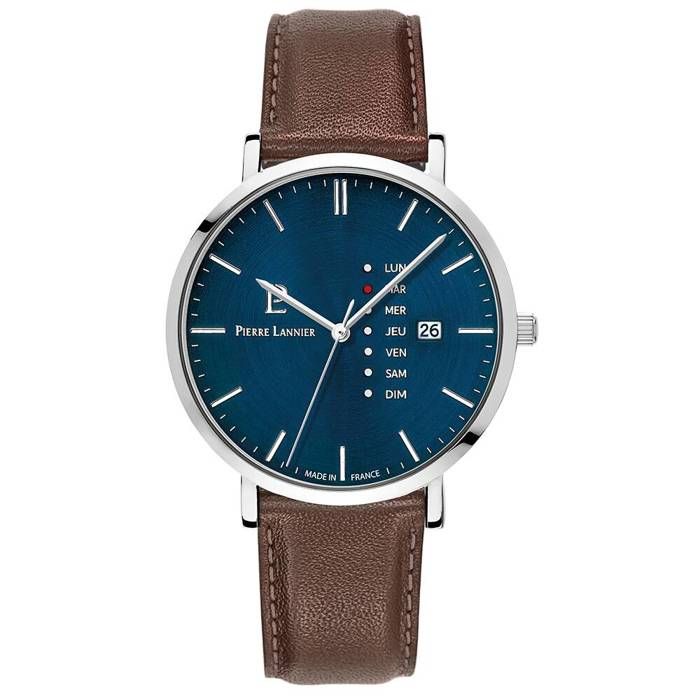 Quartz Homme DATA Argenté Cadran Bleu Bracelet Cuir Brun 20M