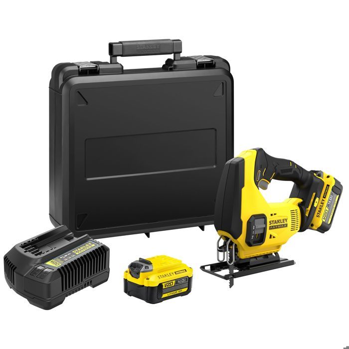 Stanley FATMAX Scie sauteuse sans fil 18V Lithium Ion Moteur Brushless Performante et pratique Bois 55mm Métal 8mm Avec 1 Malette 2 Batteries 18V 4Ah 1 Chargeur Gamme FATMAX V20 SFMCS600B XJ