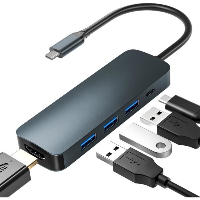 Hub USB C 5-en-1 Vers HDMI 4K 60Hz + 3 Ports USB 3.0 + PD 100W - Aluminium - Neuf Sous Emballage - Chine
